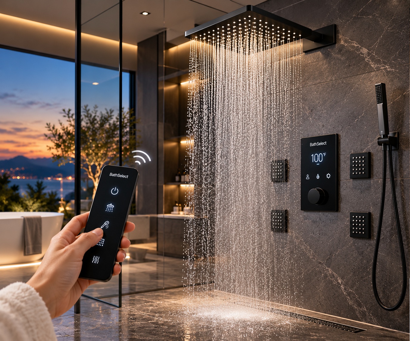 BathSelect remote control smart shower system with digital controller rainfall shower and body sprays