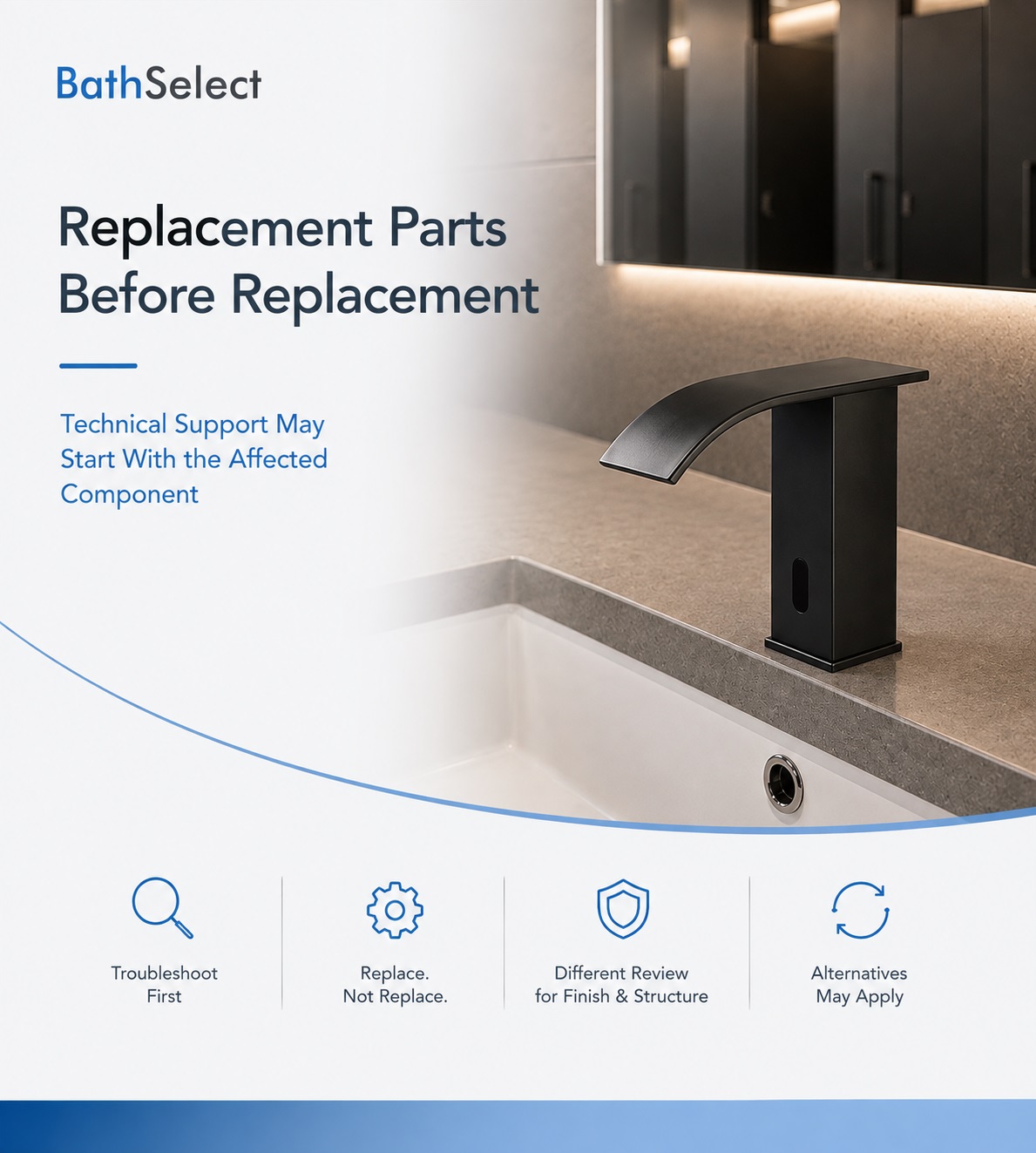 BathSelect complete shower system components evaluated for technical service and replacement part identification