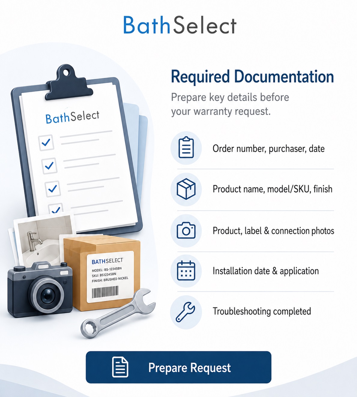 BathSelect warranty request documentation with purchase records product identification installation photographs and condition evidence