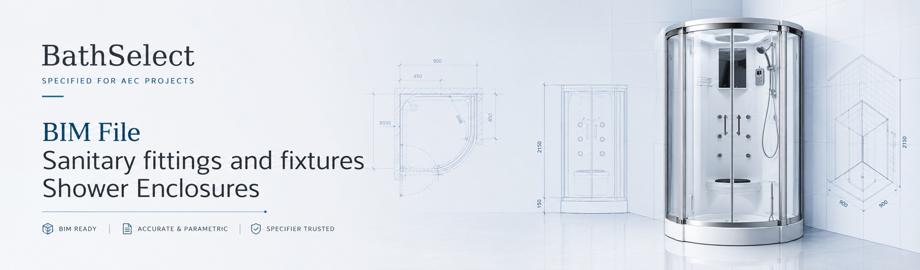 BathSelect sanitary fittings and shower enclosure with BIM-ready parametric drawings for AEC specification.