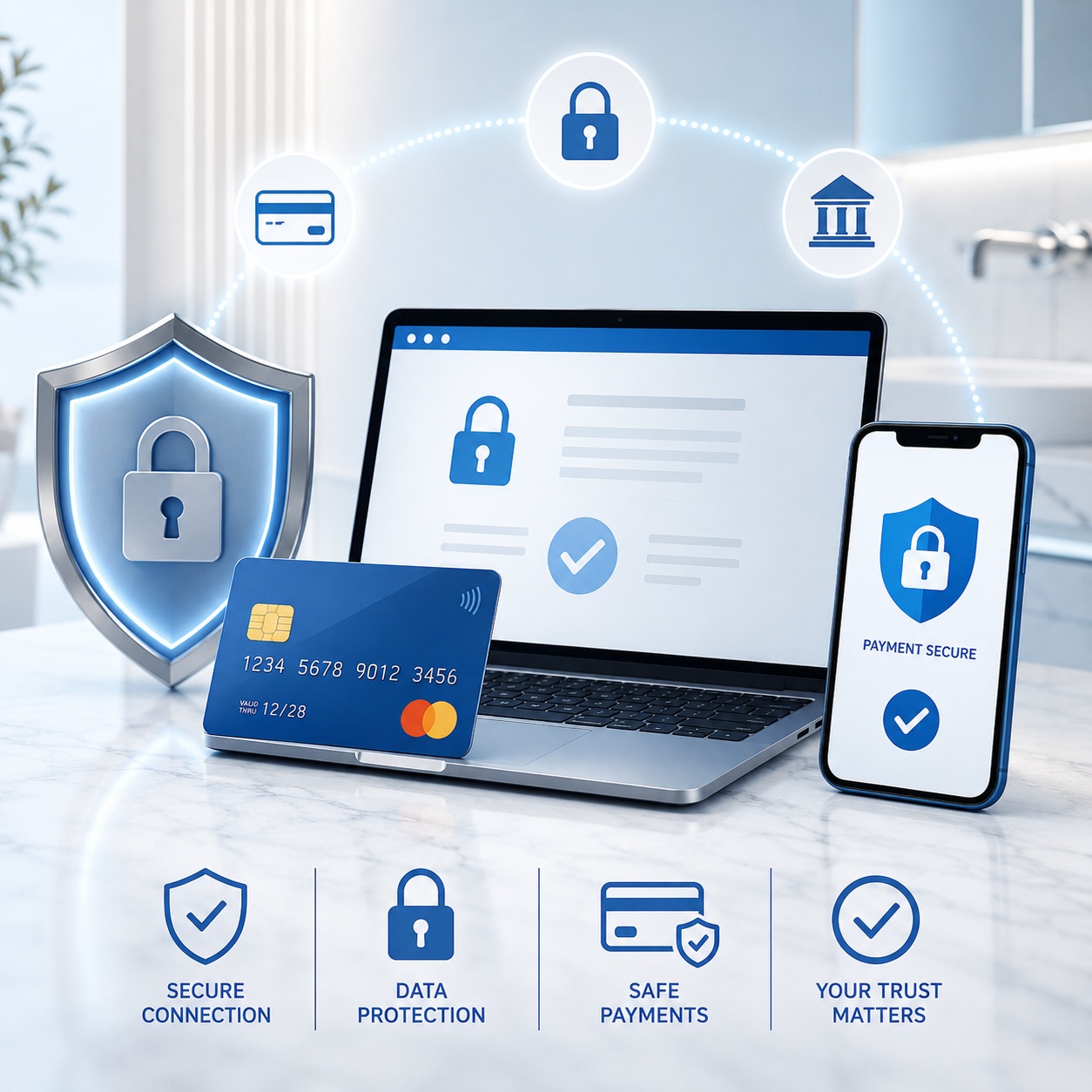 BathSelect secure online payment system featuring encrypted checkout, protected credit card transactions, secure connection, and digital payment security icons
