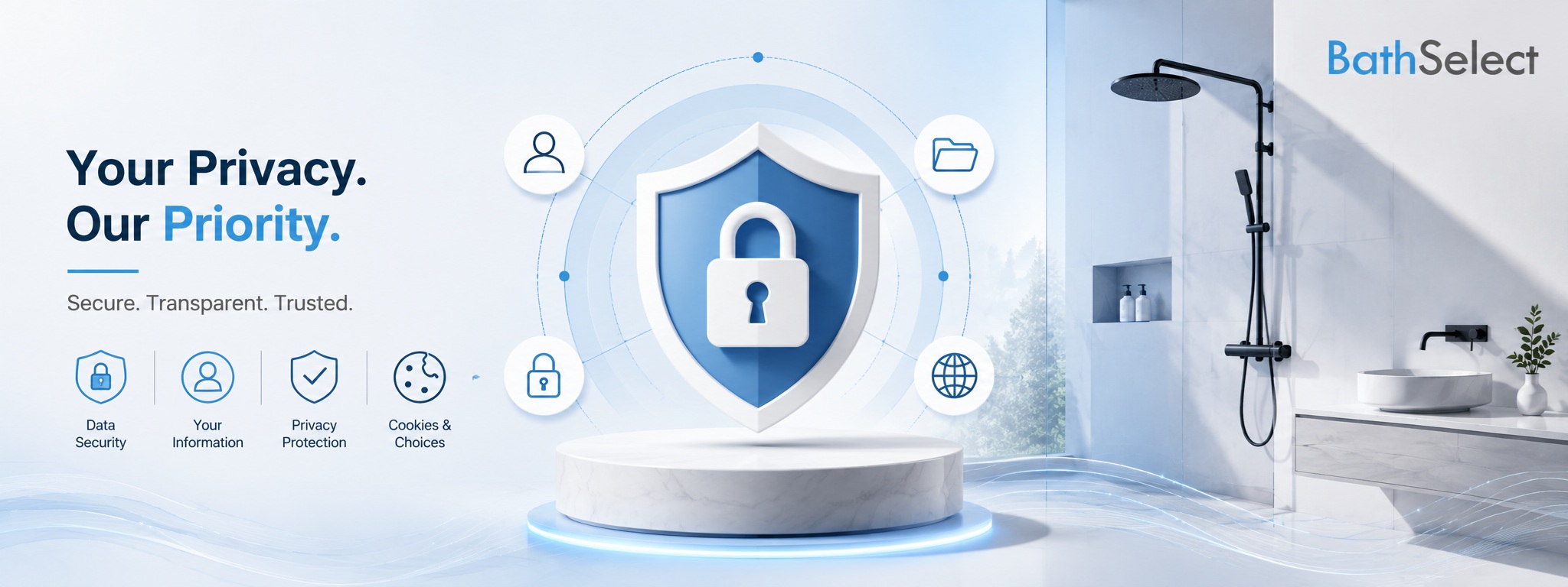 BathSelect Security & Privacy Policy banner featuring a secure digital shield, privacy icons, and a modern luxury bathroom illustration representing data protection, secure customer information, and online privacy.