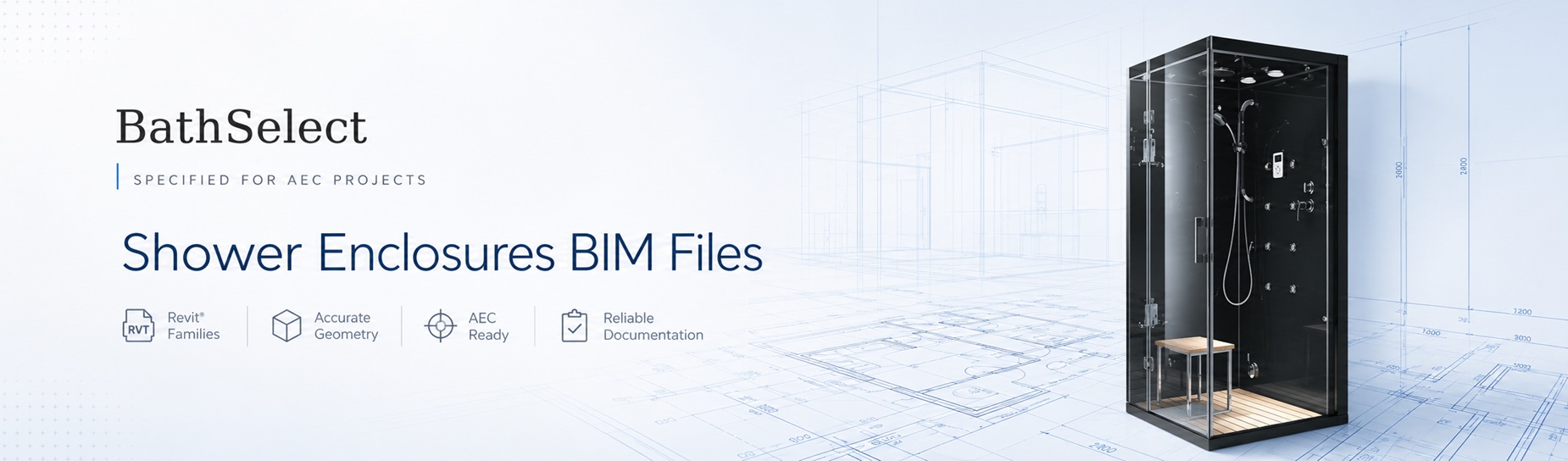 BathSelect black glass shower enclosure with BIM files, Revit families, accurate geometry, and AEC-ready documentation
