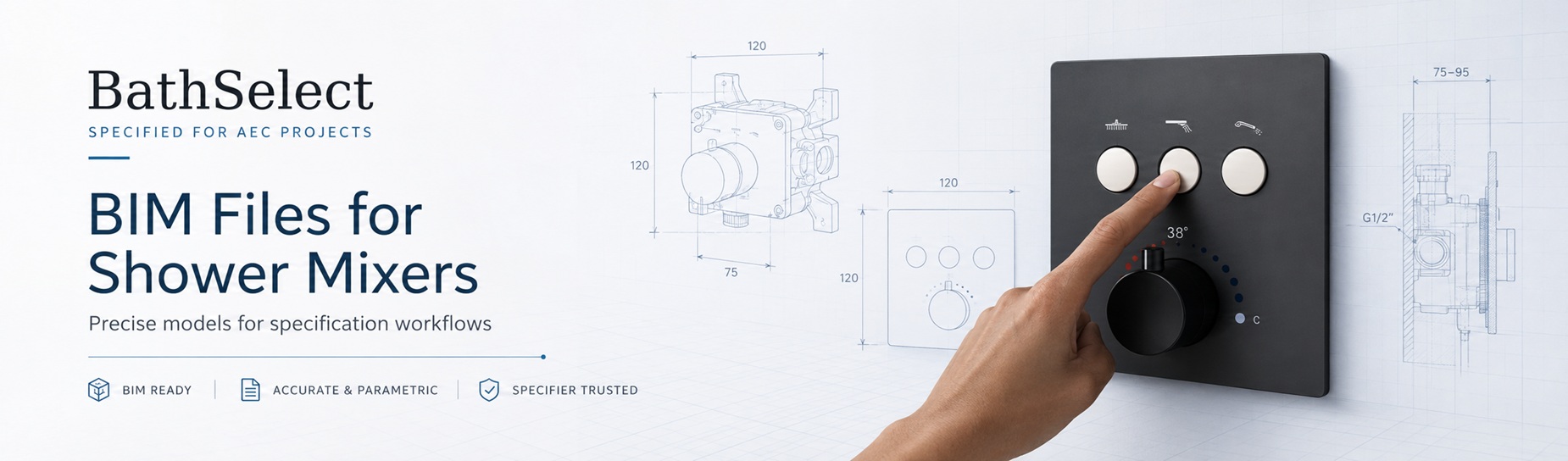BathSelect concealed shower mixer control with BIM-ready parametric models and technical dimensions for AEC specification workflows