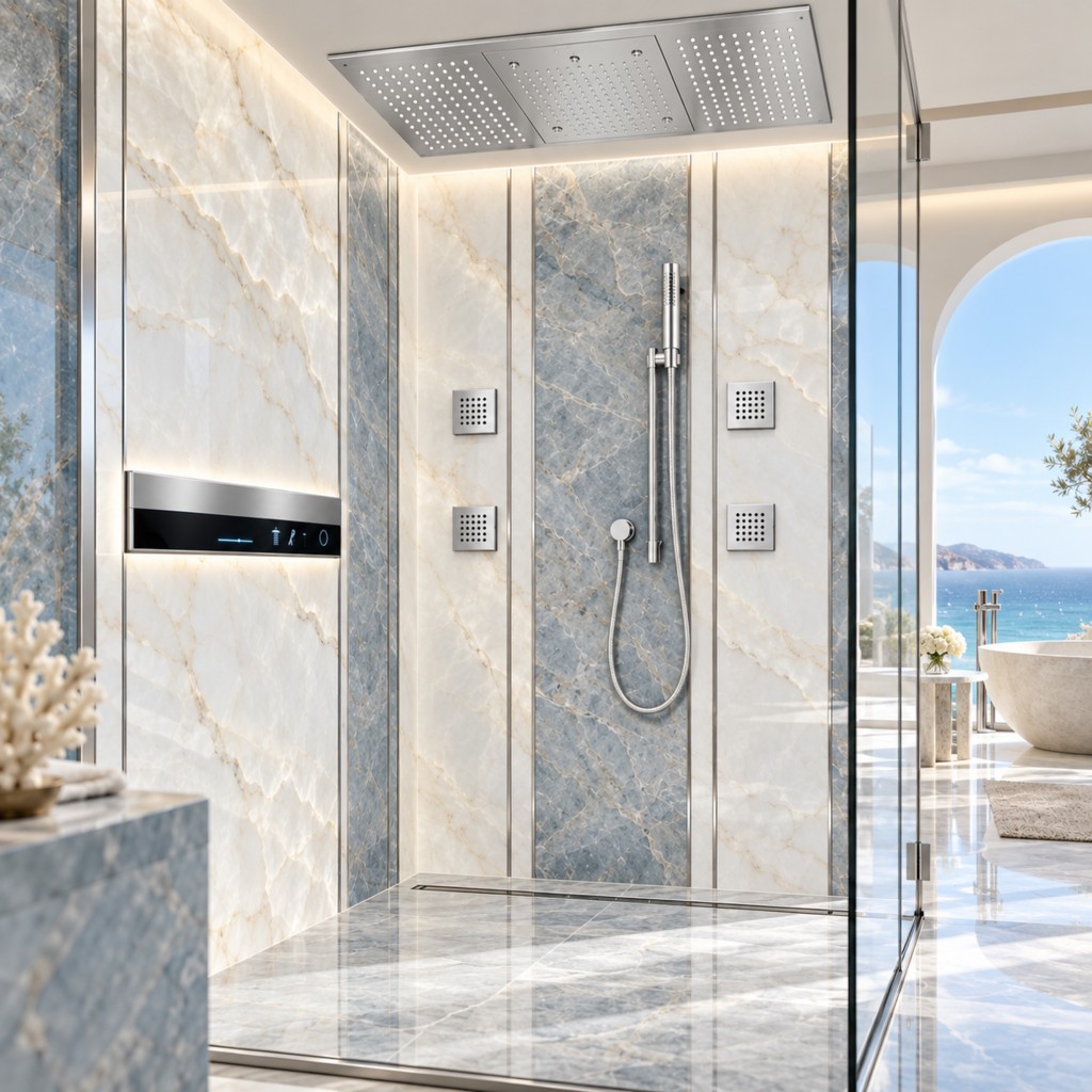 BathSelect silver ceiling rainfall shower with body jets in a coastal luxury suite