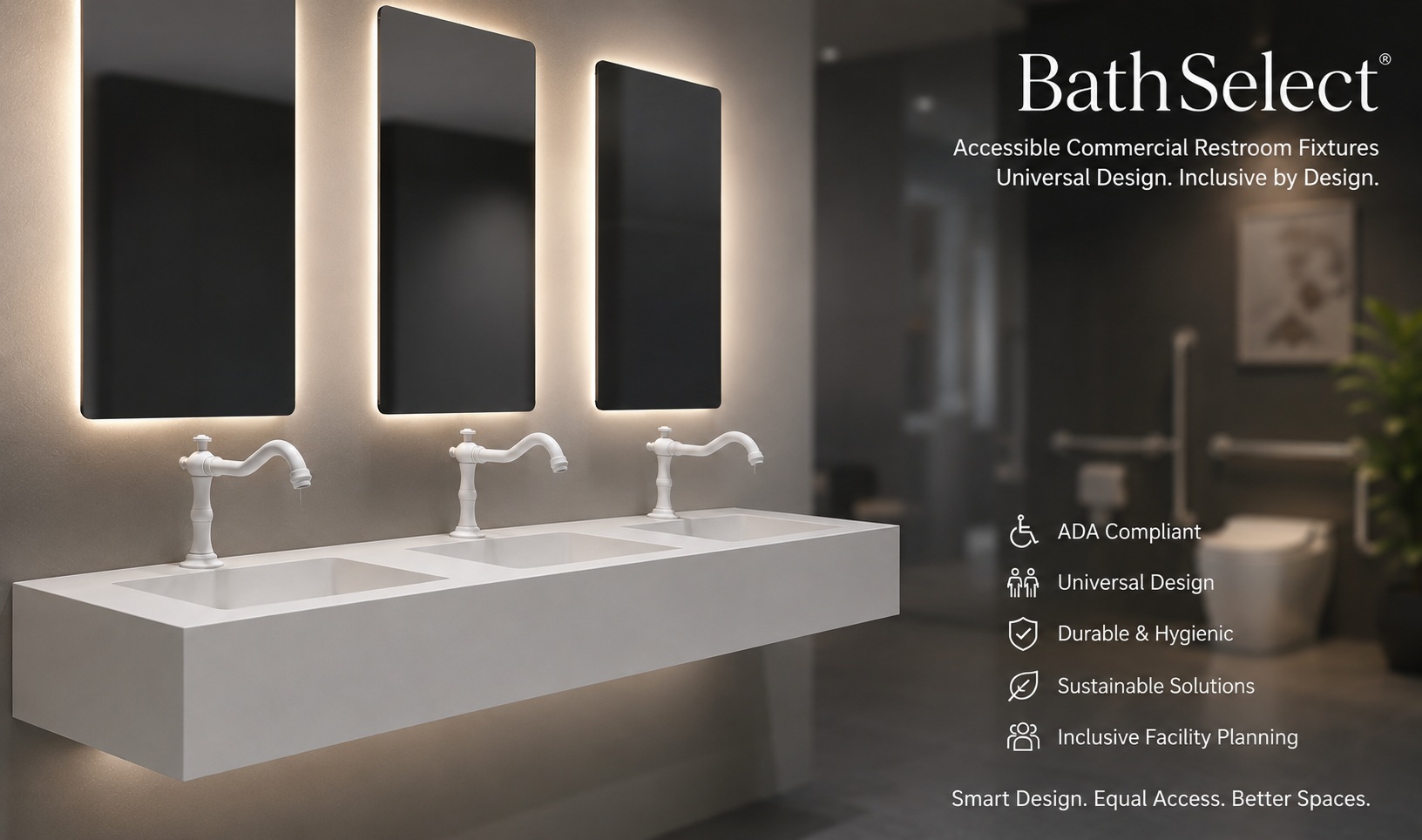 Accessible healthcare restroom fixture planning with grab bars, touchless faucets, and inclusive design strategy