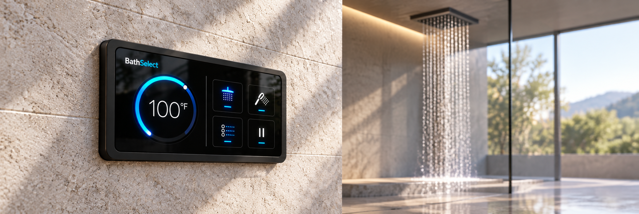 Matte black smart shower touchscreen control installed on a contemporary concrete bathroom wall