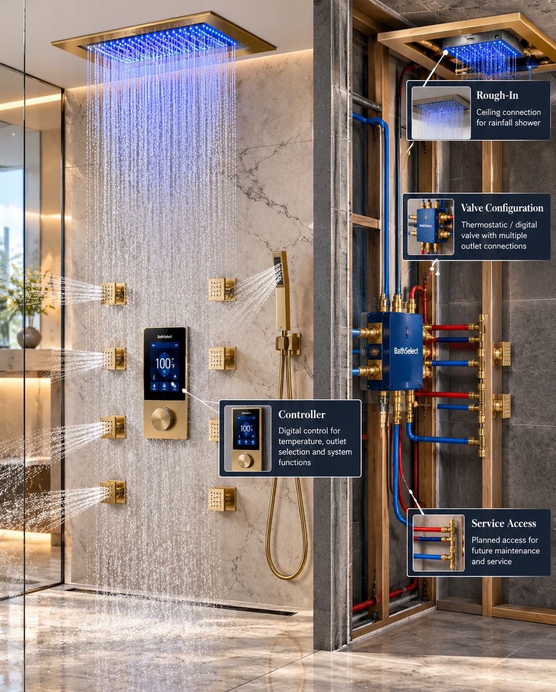 BathSelect Smart Digital Shower System Combo showing digital controller valve configuration rough-in and service access