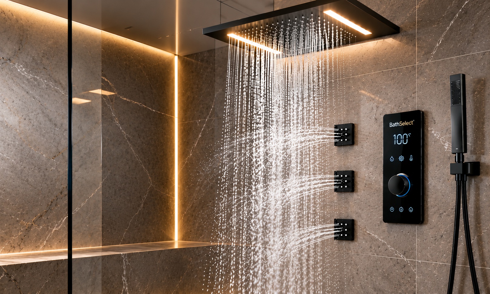 BathSelect smart digital shower system with branded temperature controller, rainfall shower head, body jets, and handheld shower