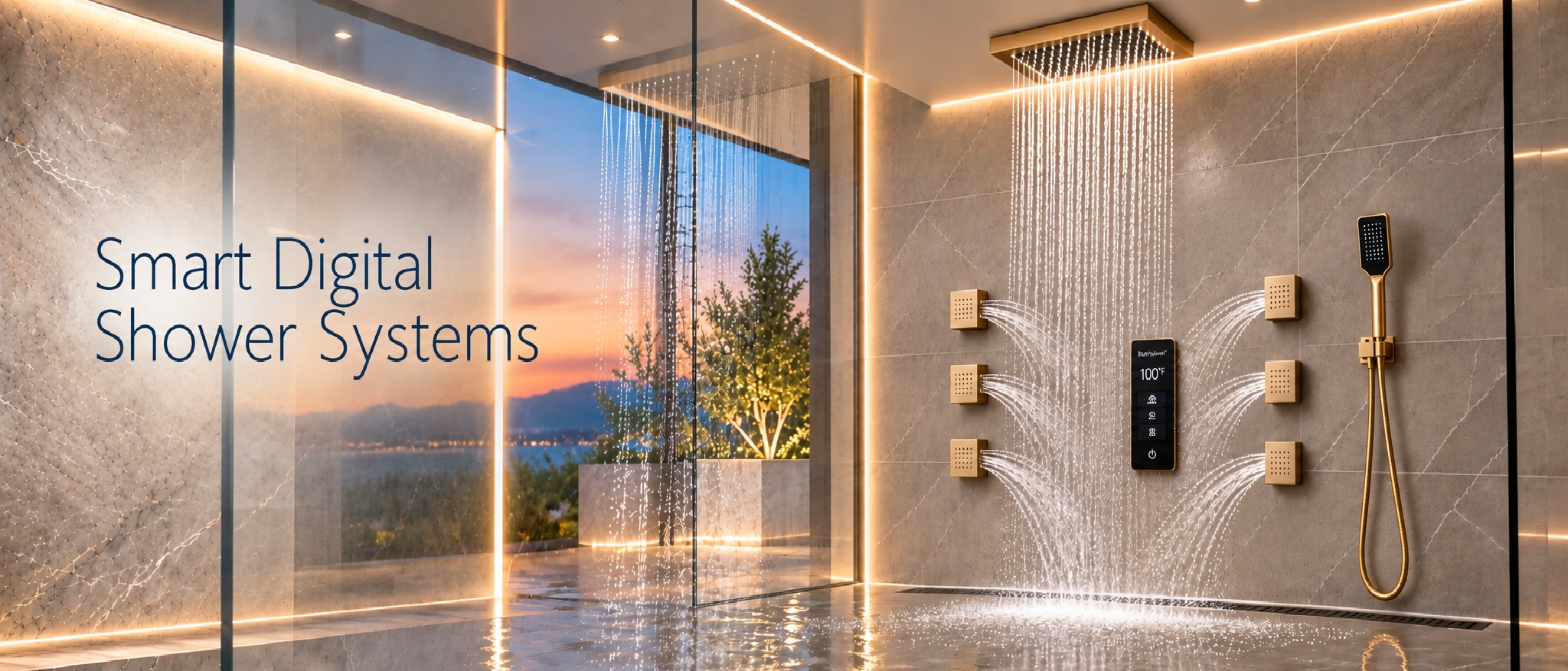 BathSelect smart digital shower system with ceiling rainfall shower, six body jets, handheld shower and digital temperature control