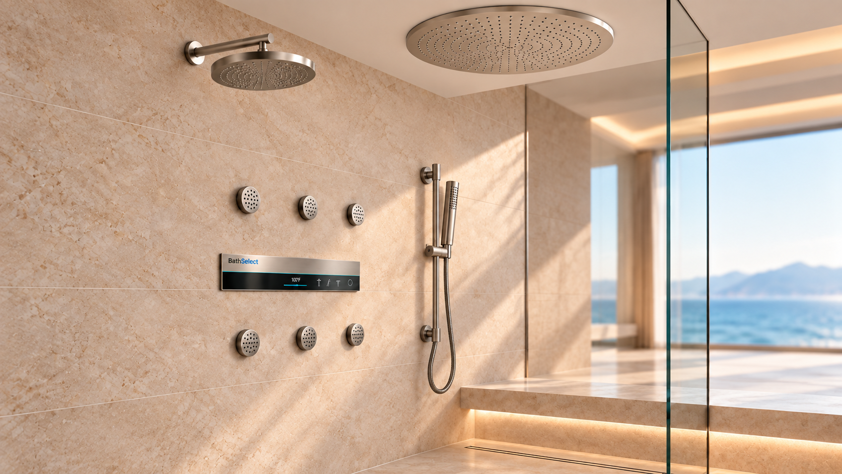 BathSelect brushed nickel shower system with body jets and handheld sprayer