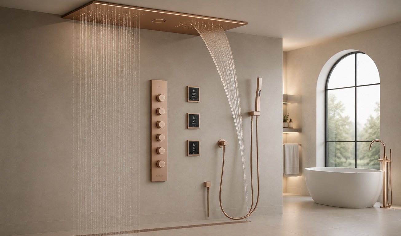 BathSelect functional bathroom fixtures with material innovation and refined product detailing