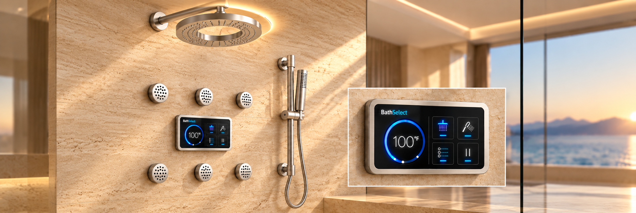 BathSelect chrome digital thermostatic smart shower system in a white Carrara marble bathroom
