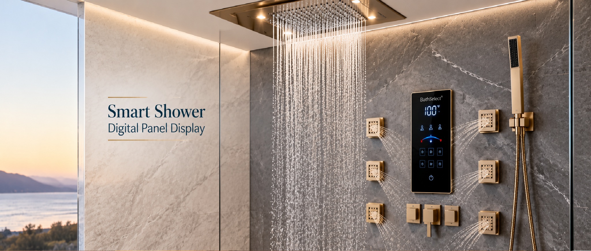 BathSelect smart shower digital panel display with temperature control and multifunction shower system