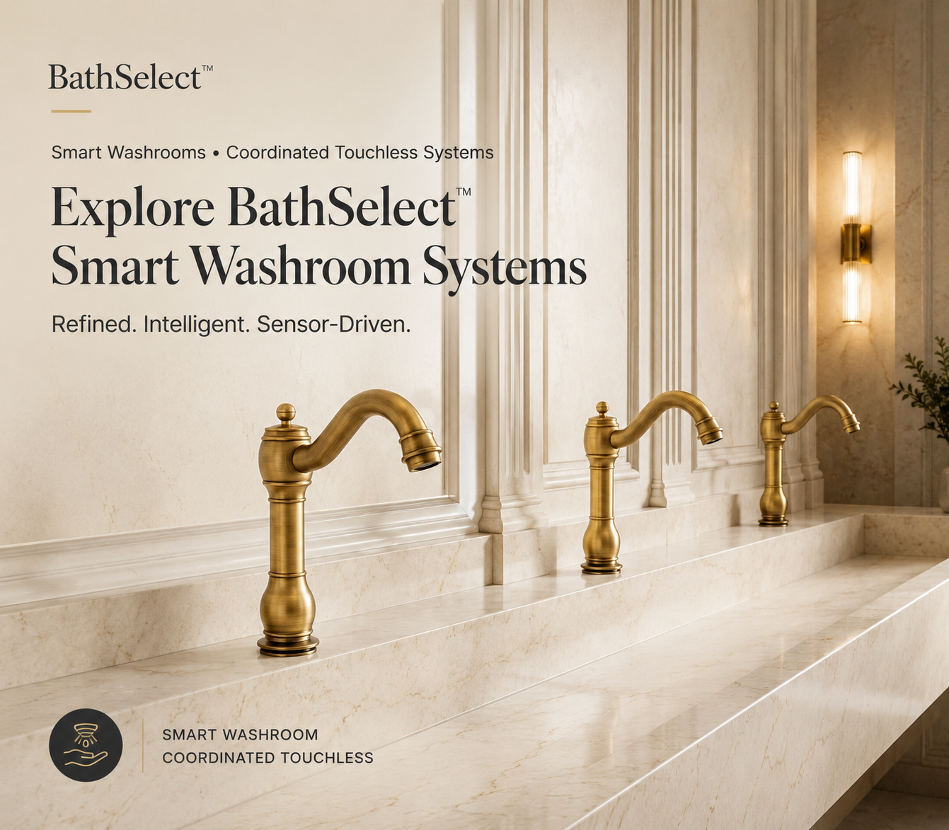 BathSelect smart washroom systems with coordinated touchless faucets and soap dispensers