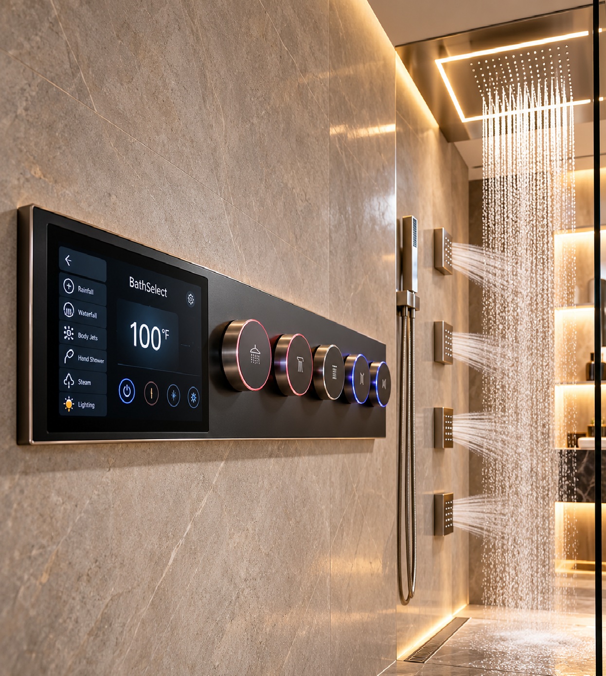 BathSelect digital smart shower system for luxury hospitality and spa bathroom projects