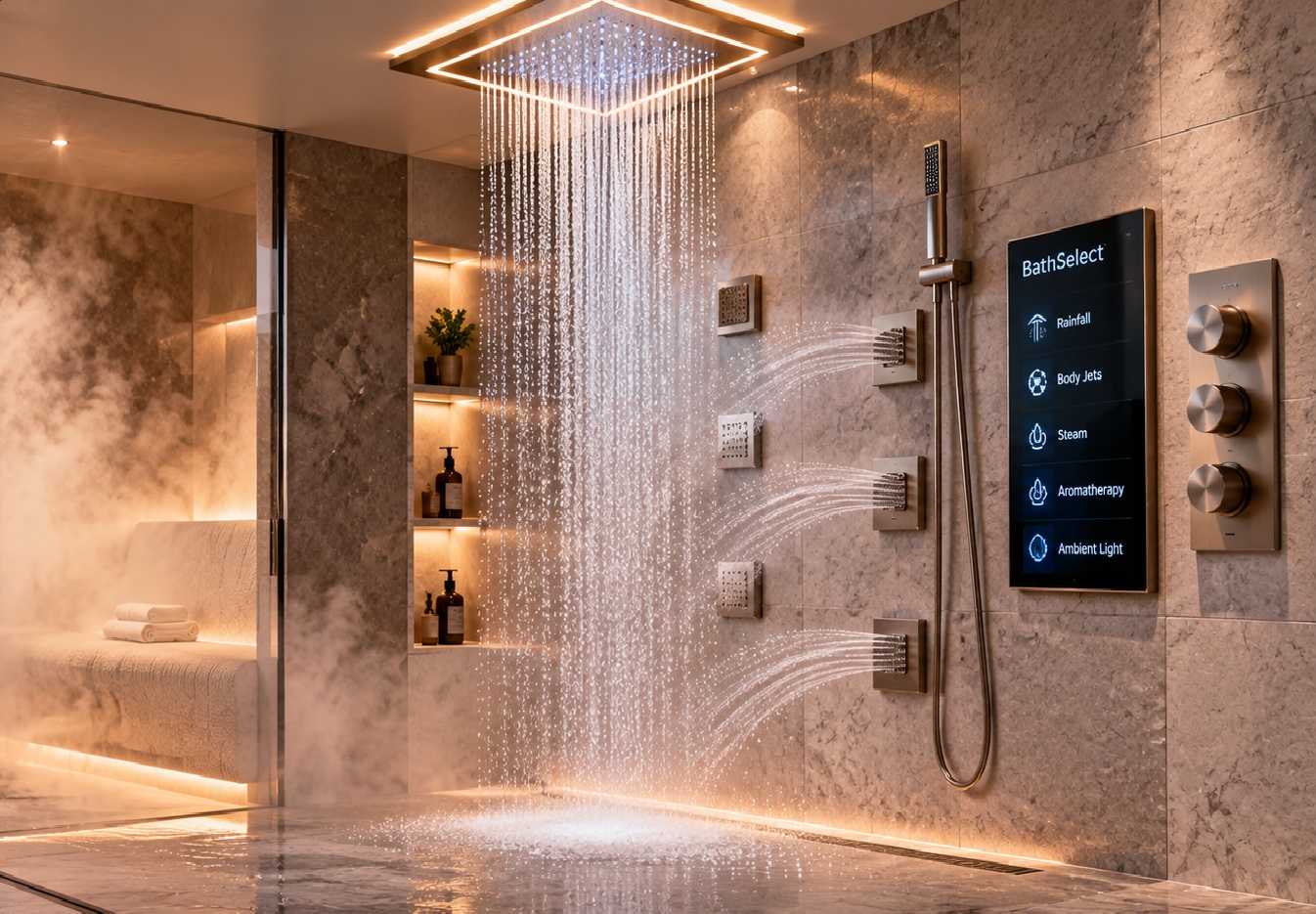 BathSelect spa and wellness smart shower system with digital control, steam, aromatherapy, rainfall shower and body jets