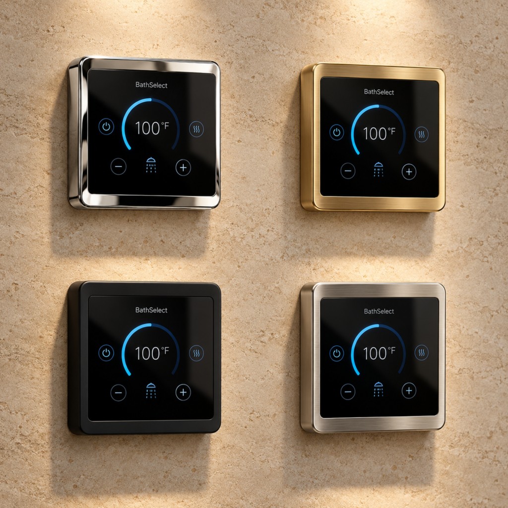 BathSelect shower thermostat available in chrome, gold, black and nickel finishes