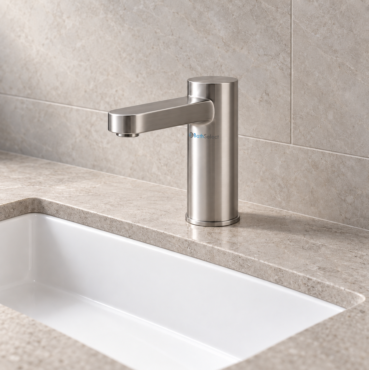 BathSelect-branded satin finish deck-mounted faucet beside a rectangular undermount basin