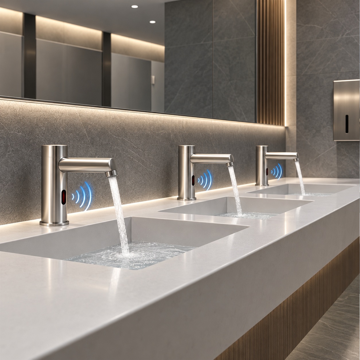 Touchless faucet flow cycle sensing water landing and automatic shutoff performance