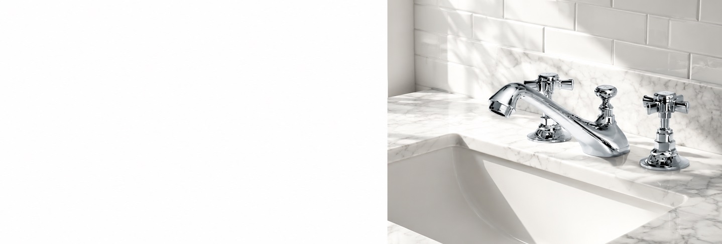 BathSelect Velyra Chrome Prime deck mounted three-hole widespread basin faucet