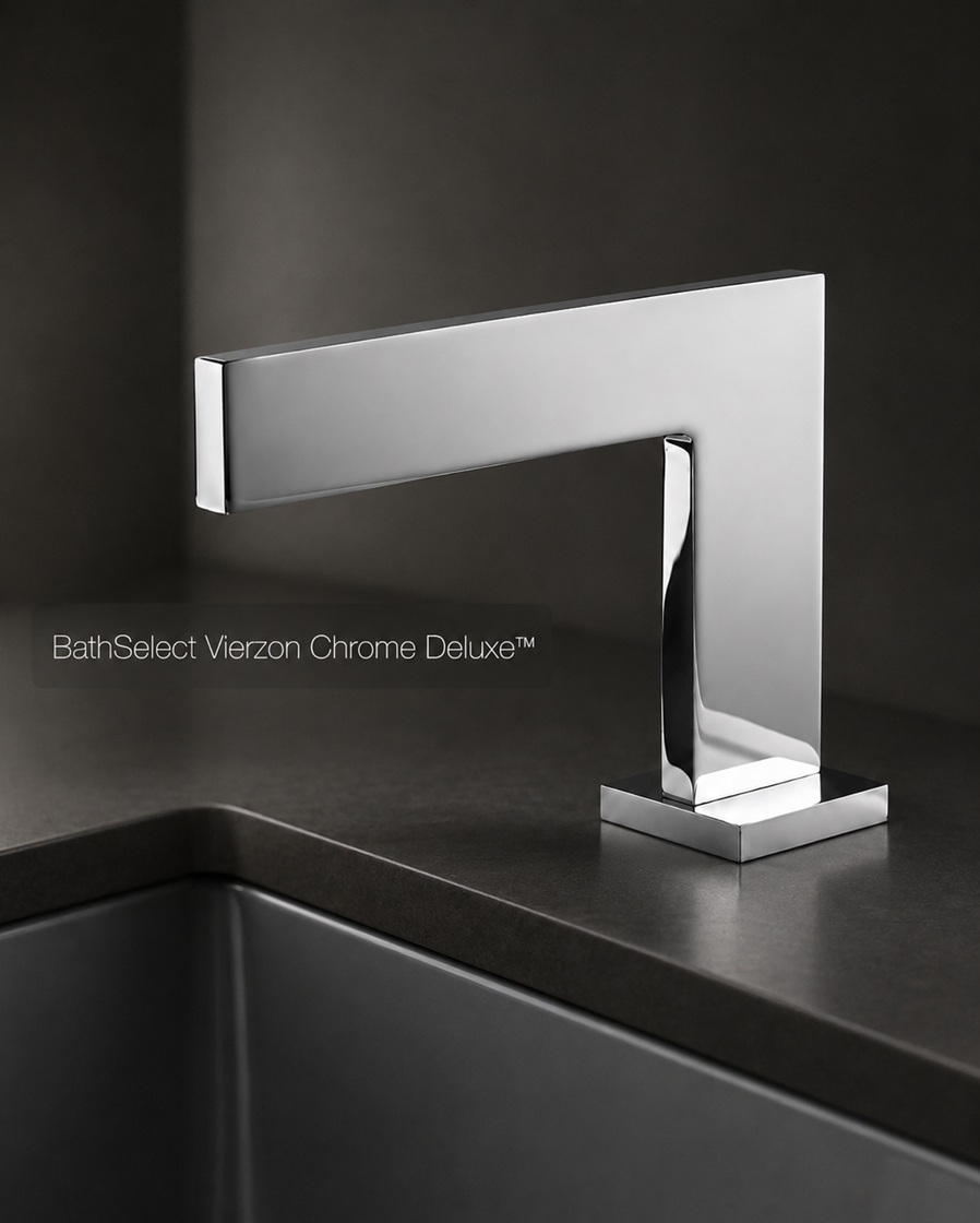 BathSelect Vierzon Chrome Deluxe chrome faucet displayed on a dark bathroom countertop with a subtle shadowed background and white product label