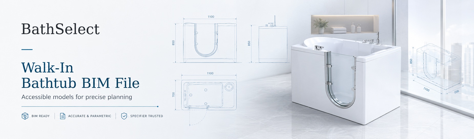 BathSelect accessible walk-in bathtub with BIM-ready parametric drawings and technical dimensions for precise AEC planning
