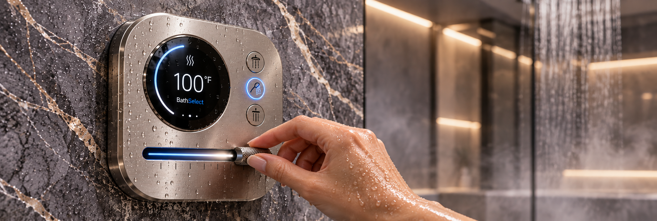 BathSelect brushed nickel smart shower temperature control interface