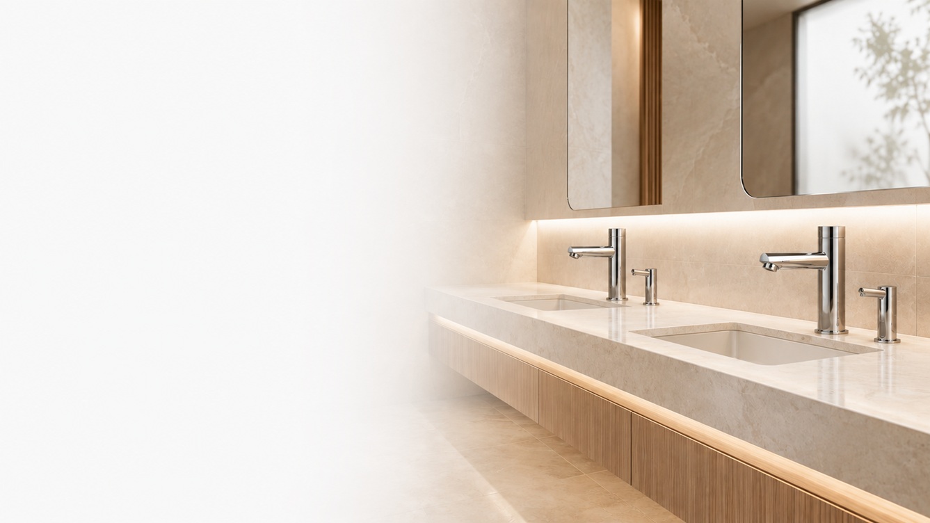 BathSelect� Wellness Bathroom Design featuring a refined wellness-focused bathroom with coordinated touchless fixtures, accessible planning, water-conscious systems, and premium shower solutions