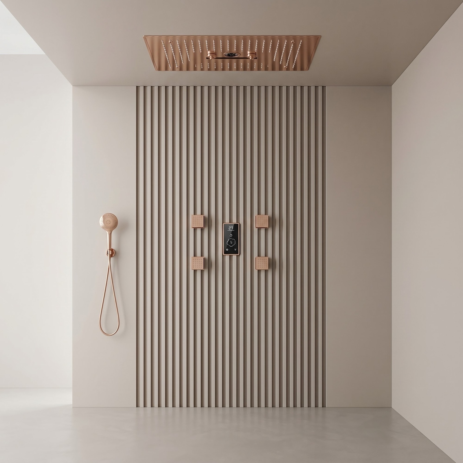 BathSelect architectural ceiling shower system with recessed rainfall shower, body jets and digital controls