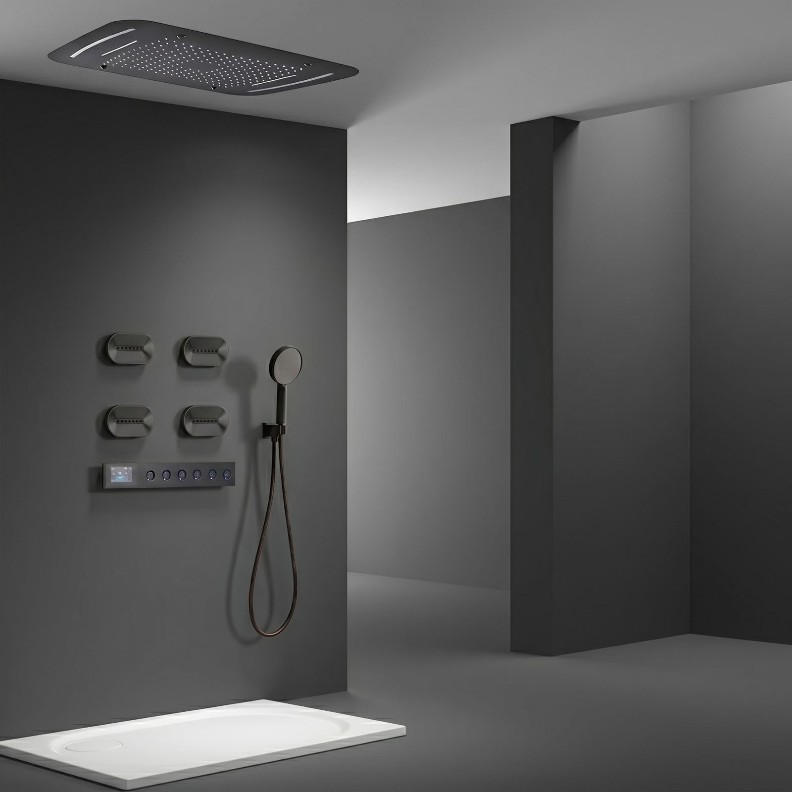 BathSelect complete spa shower system with ceiling rainfall shower, body jets, hand shower and digital controls