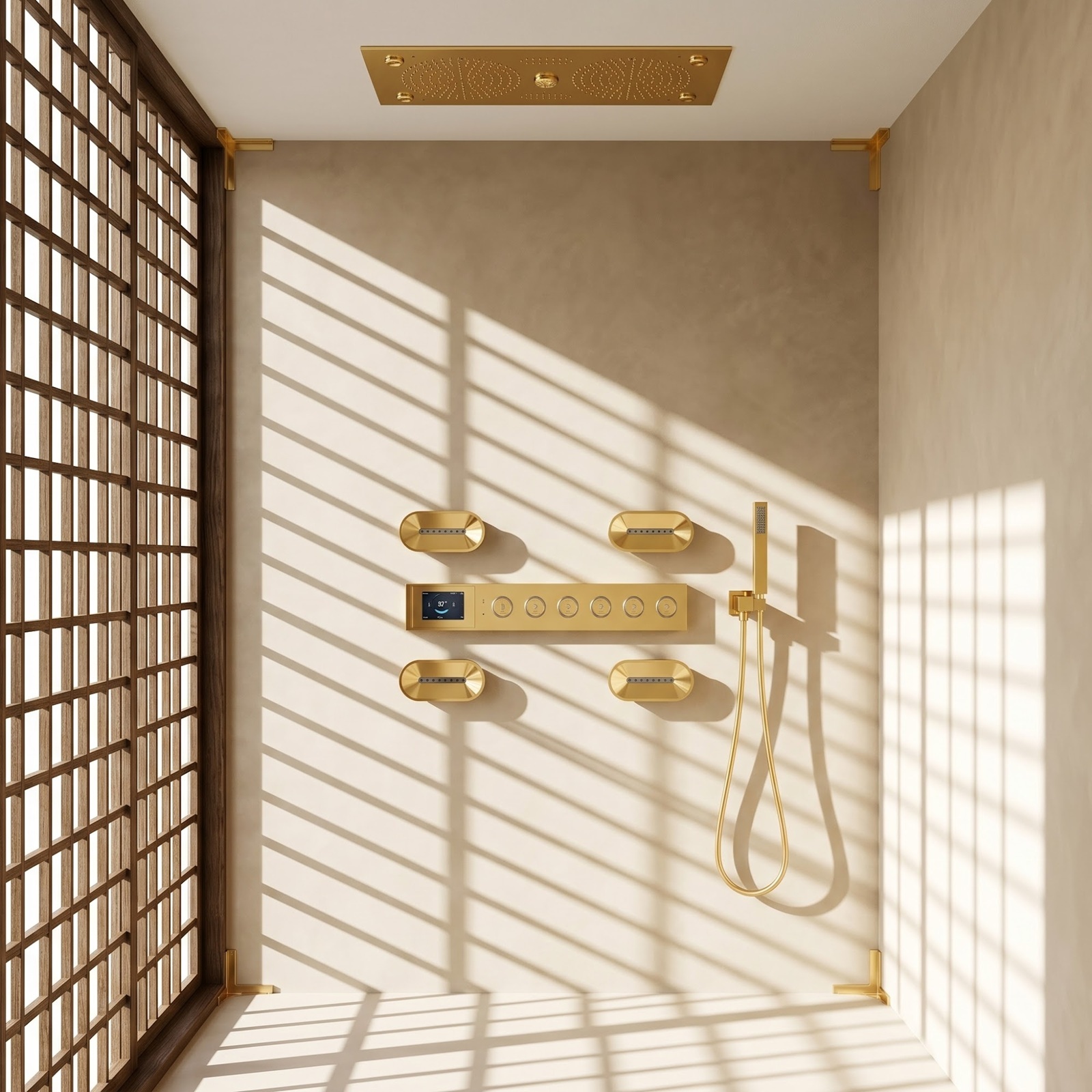 BathSelect smart digital shower system with ceiling rainfall shower, body jets, handheld shower and digital controls