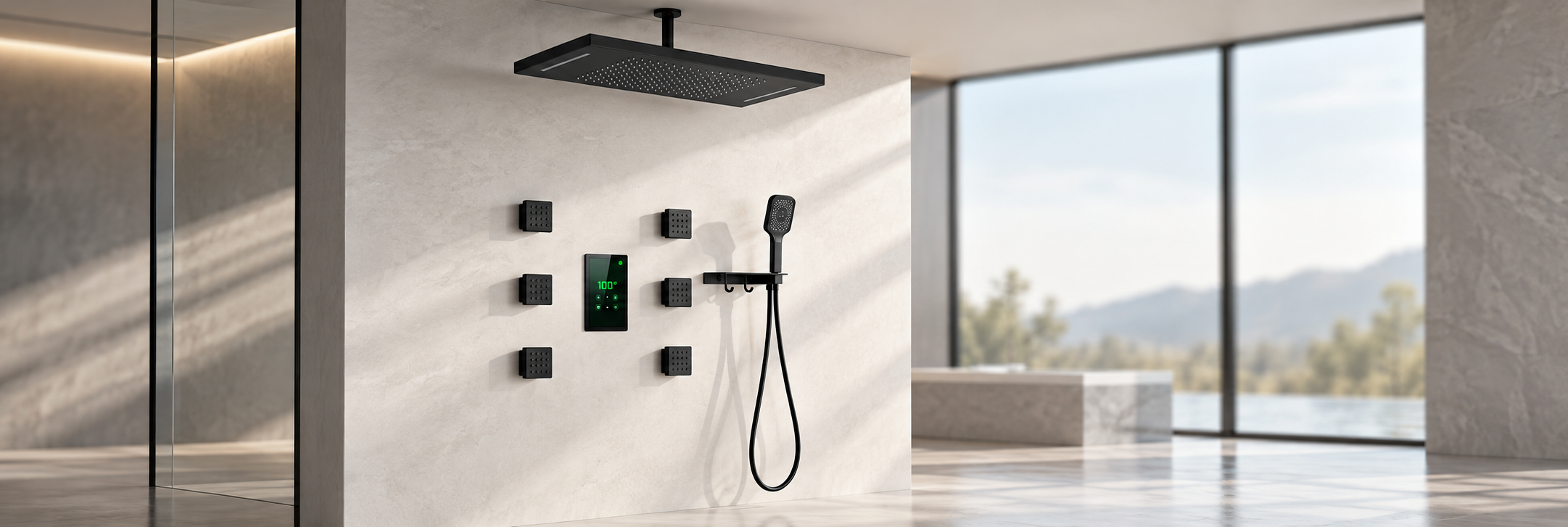 Matte black ceiling-mounted square rainfall shower with digital thermostat, six body jets and handheld shower
