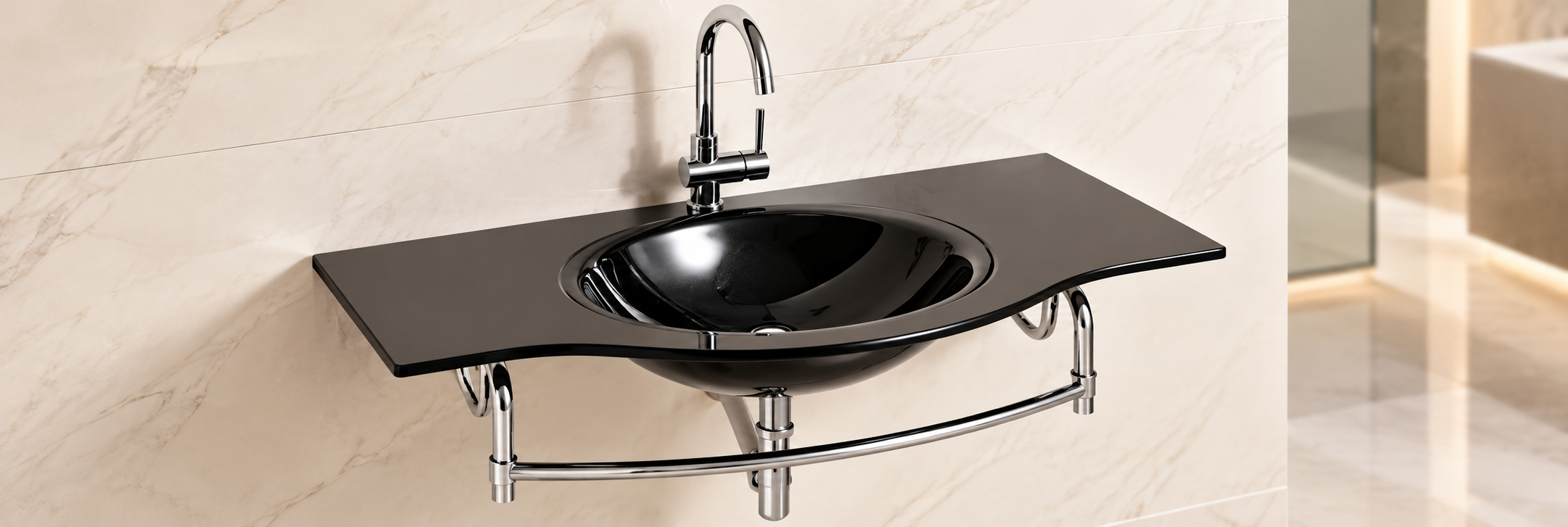 Contemporary tempered glass vanity set with integrated glass basin and stainless steel support brackets