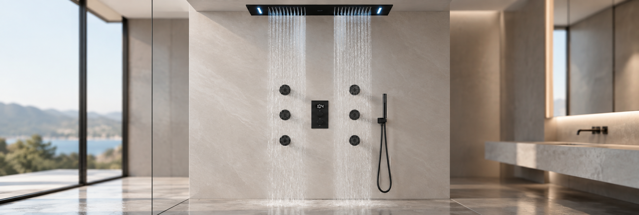 Matte black ceiling rain shower system with six integrated body sprays