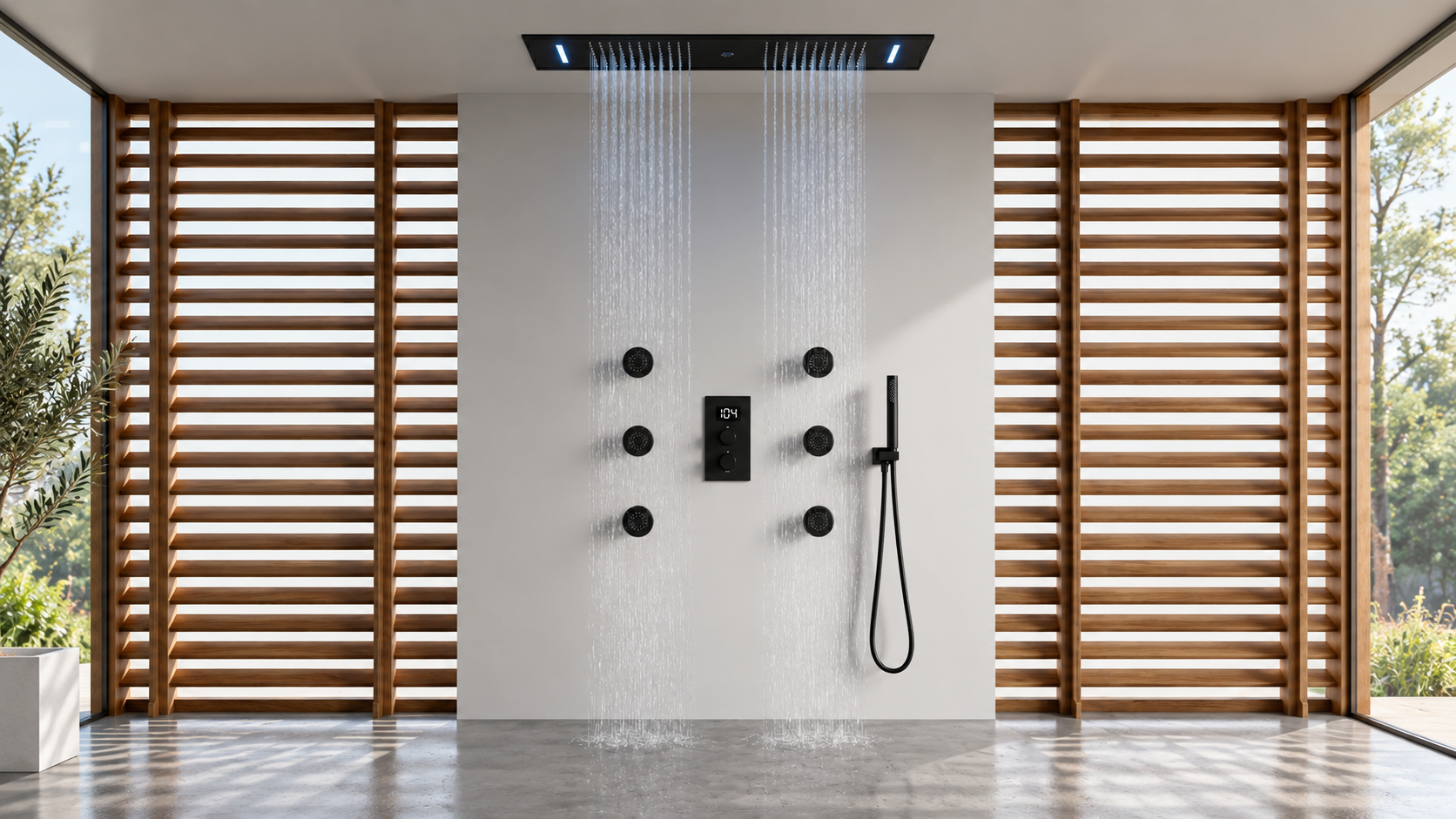 Luxury residential bathroom with matte black multifunctional shower system
