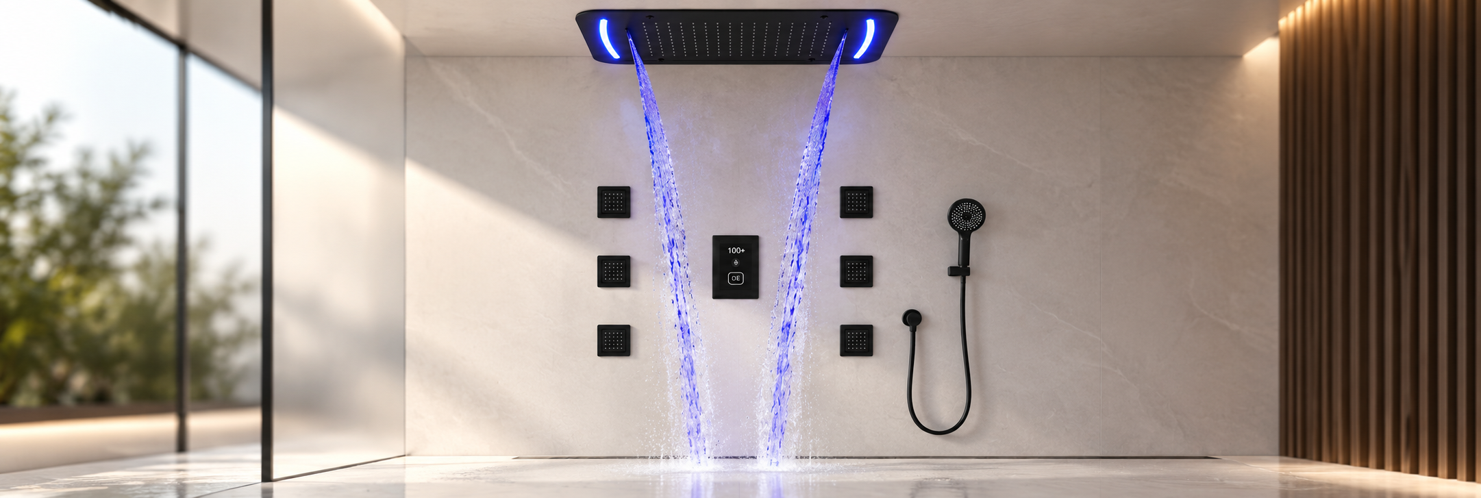 Matte black LED dual rainfall and waterfall shower system with six square body jets and handheld sprayer