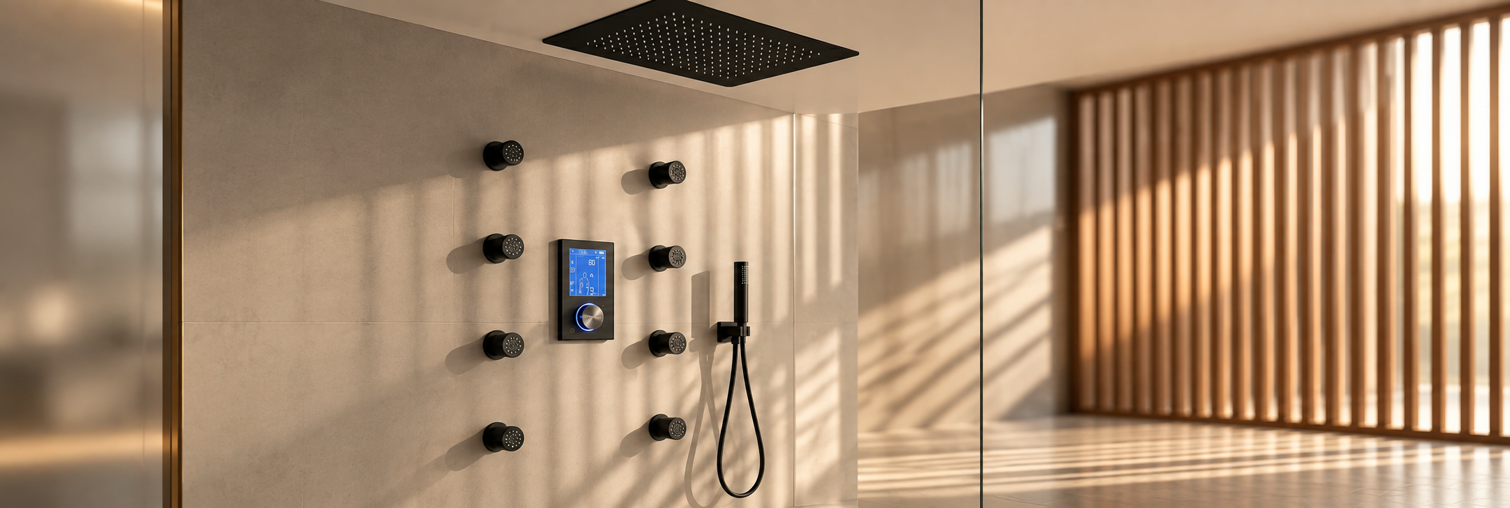 BathSelect matte black digital ceiling rainfall shower system with eight body jets and handheld sprayer