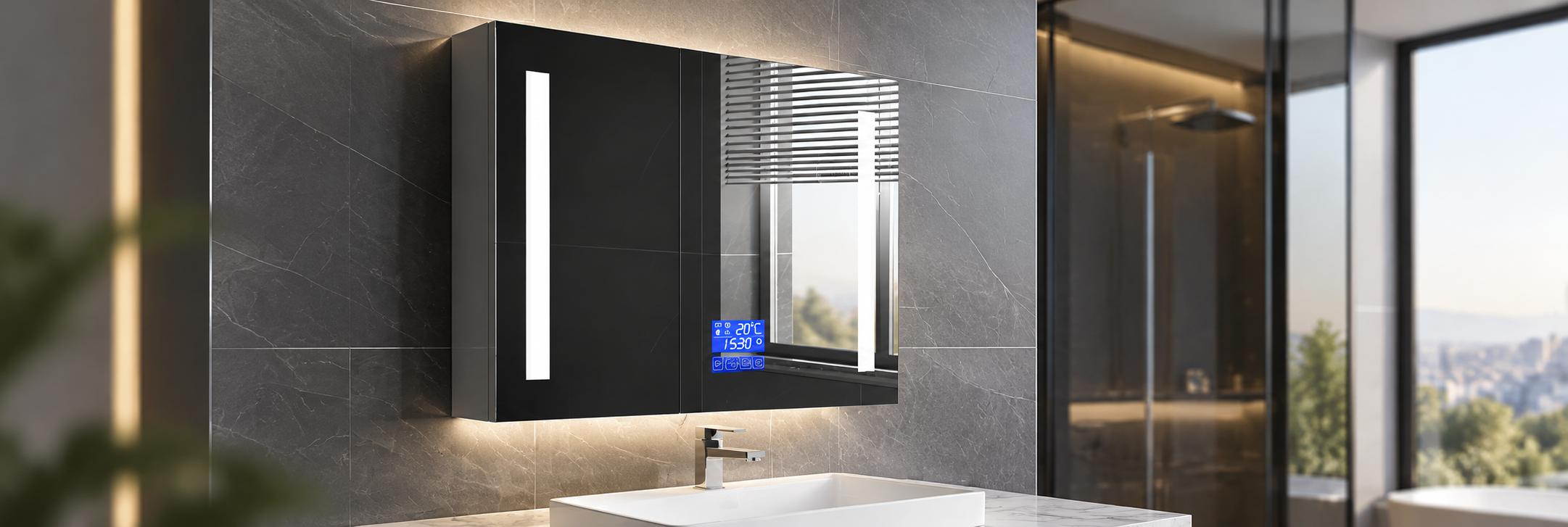 BathSelect multifunctional smart television mirror with rounded corners and soft-glow LED lights