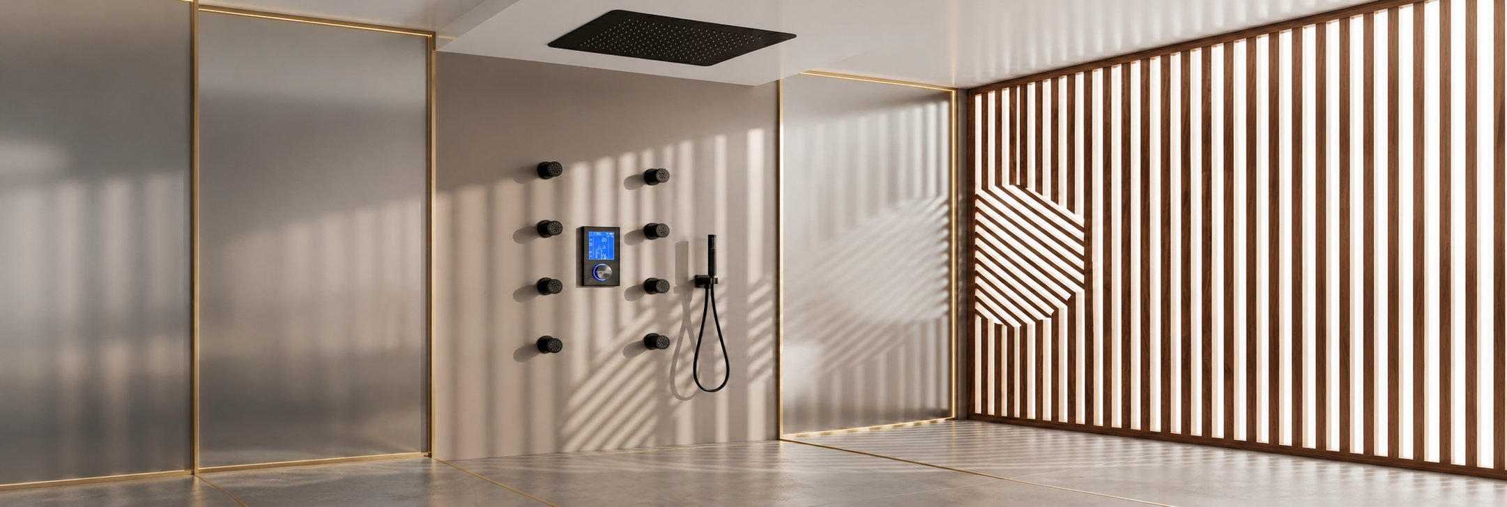 BathSelect matte black digital square ceiling rainfall shower system with eight body jets and handheld sprayer
