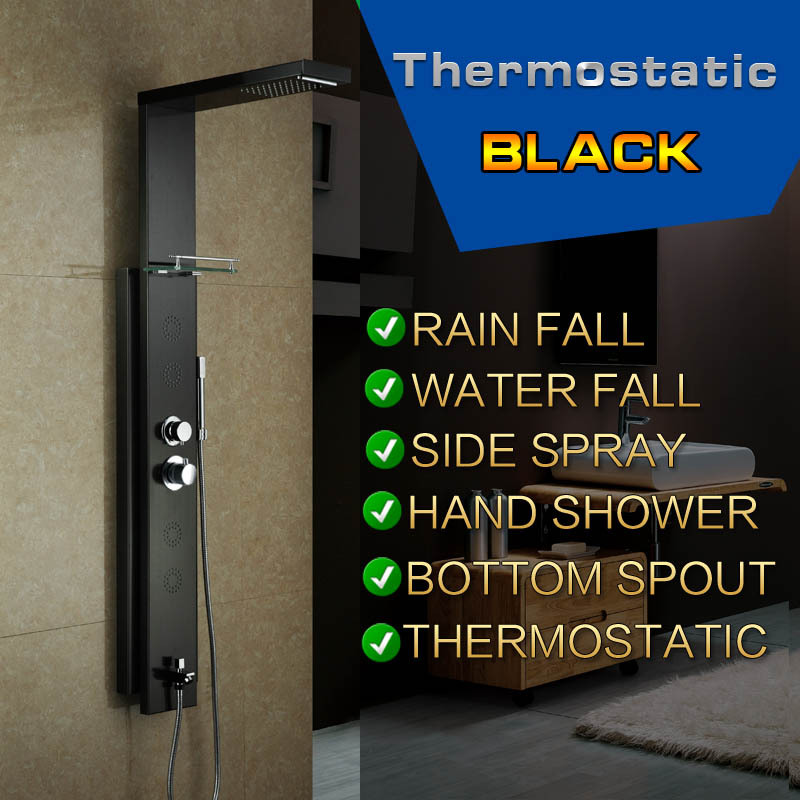 Black Stainless Steel Rainfall Shower Panel Rain Massage System Thermostatic Faucet with Jets & Hand Shower