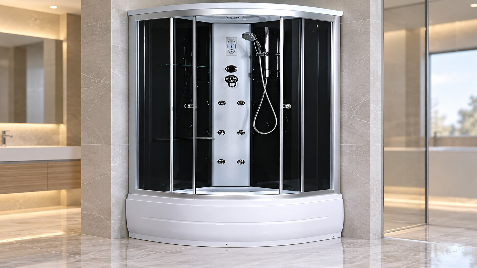 Enclosed steam shower with rainfall shower head, massage jets and control panel for a luxury residential bathroom