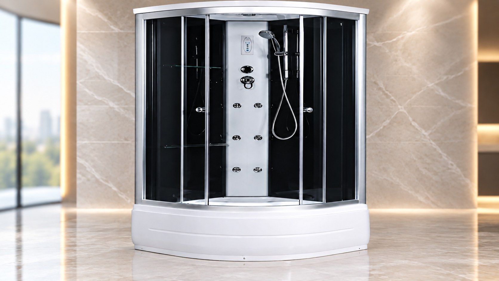 Enclosed steam shower cabin with integrated steam generation