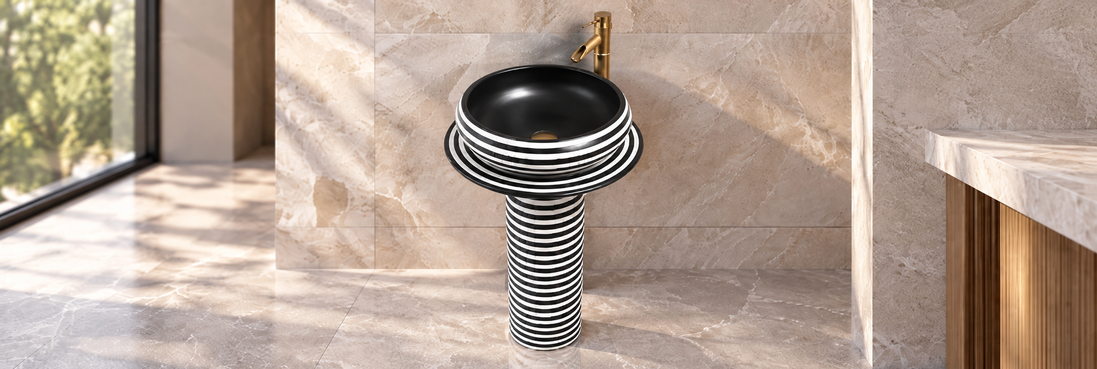 Genoa round white stone freestanding pedestal vanity sink for contemporary bathrooms