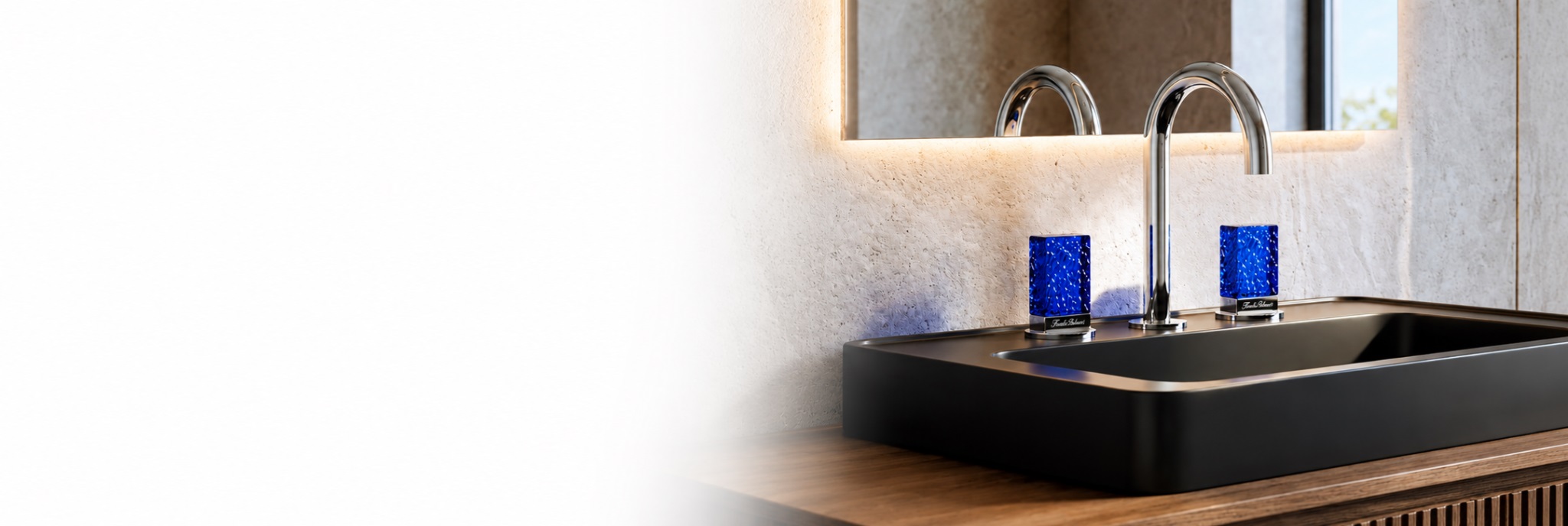 BathSelect PairEdge Chrome thermostatic two handle basin faucet with rectangular blue textured crystal handles