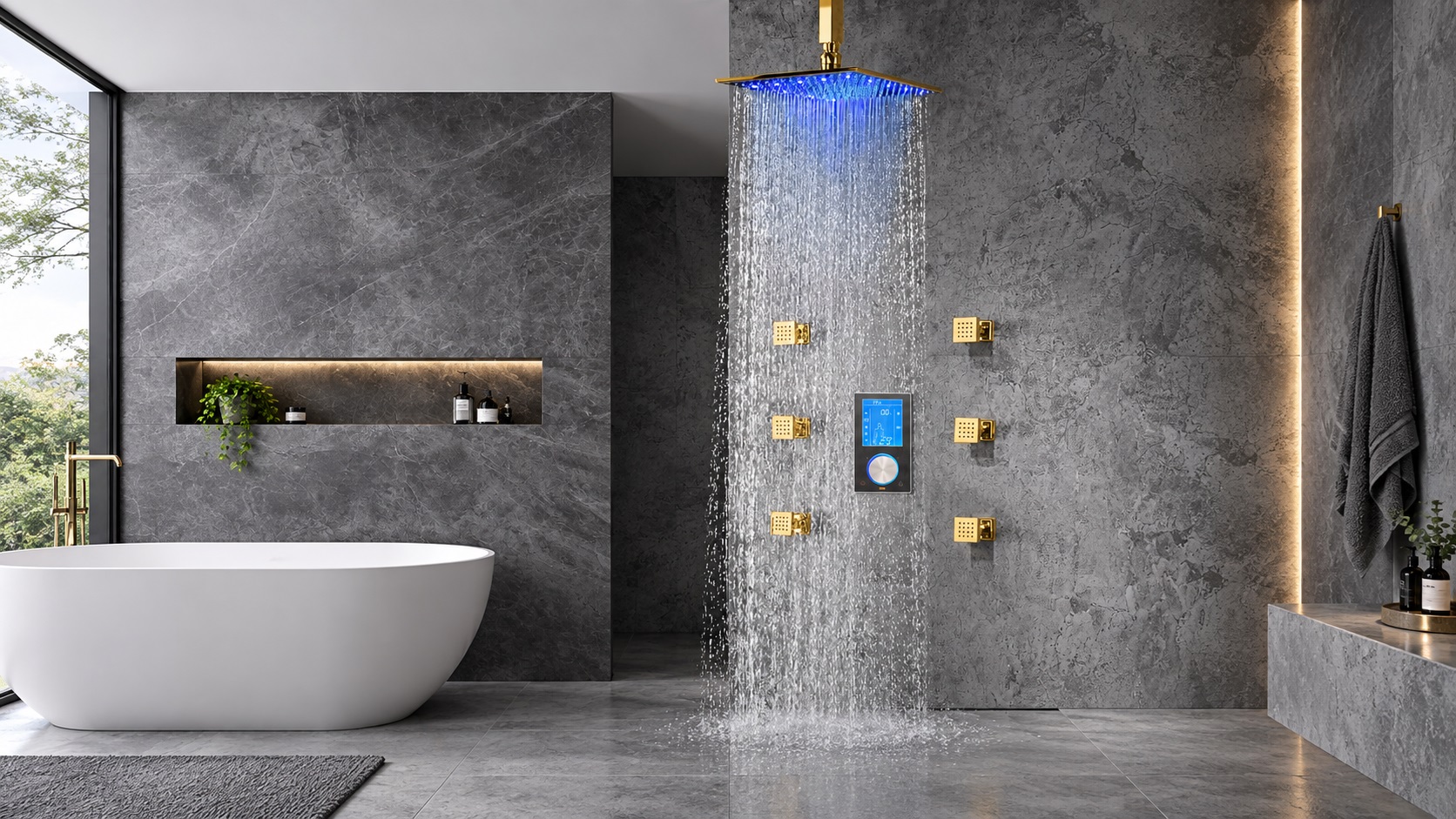 BathSelect brushed gold rounded rectangle ceiling rainfall shower system with eight round body jets and handheld sprayer