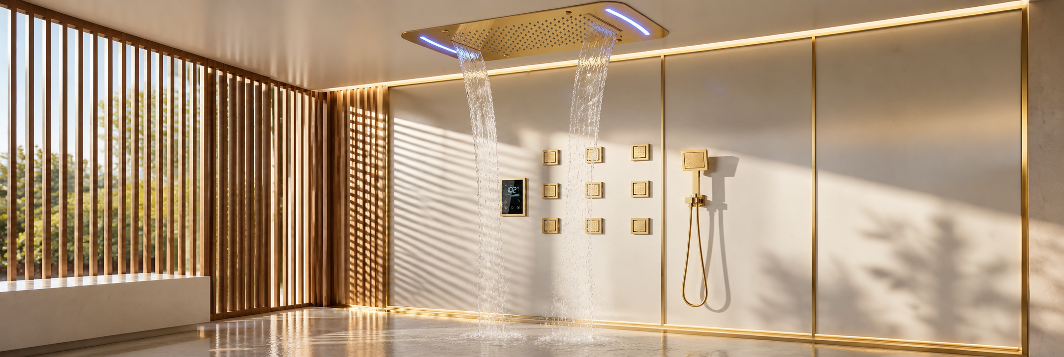BathSelect brushed gold LED waterfall and rainfall shower system with body jets and handheld sprayer