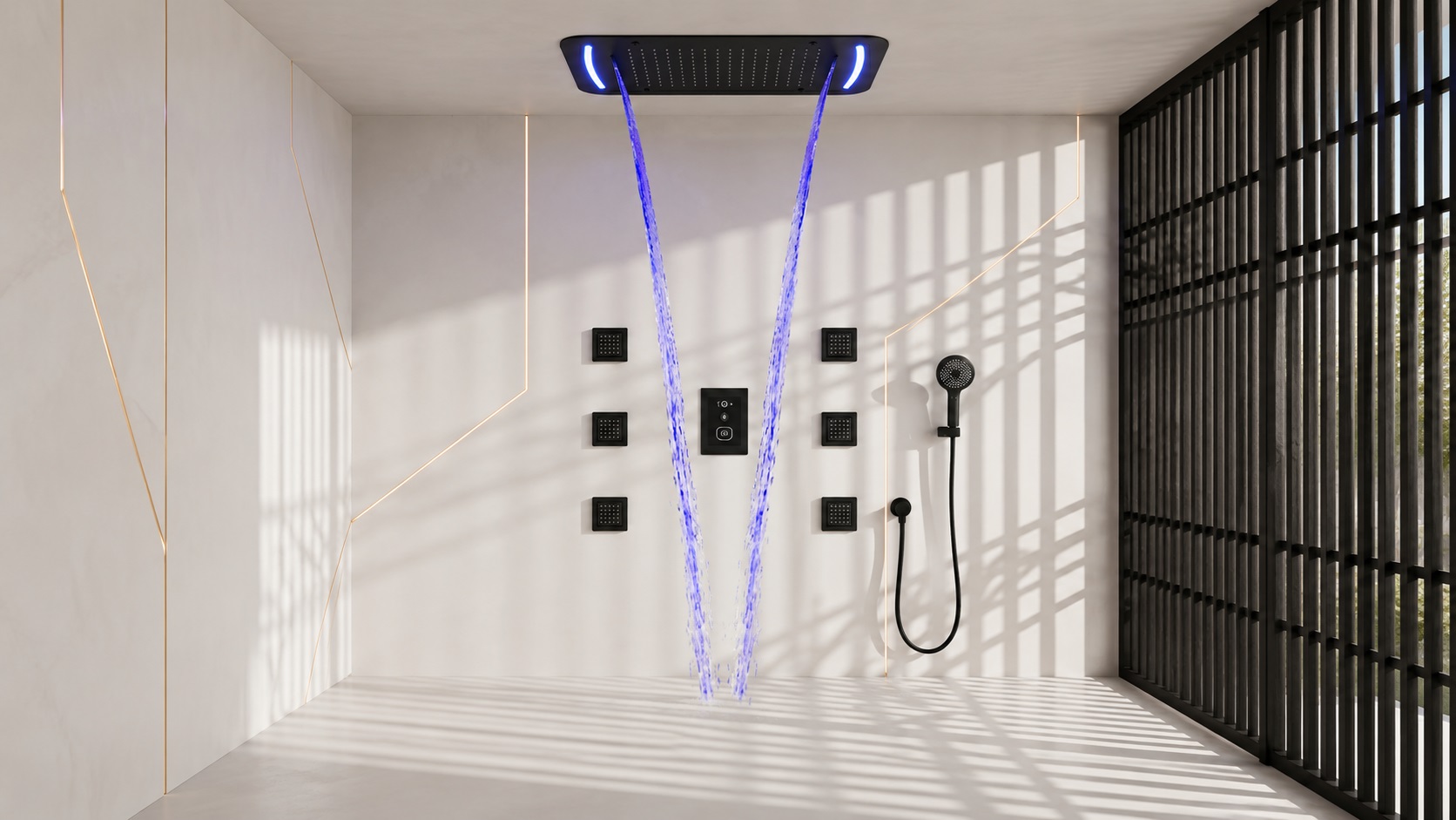 Matte black body massage shower systems for spa and wellness projects