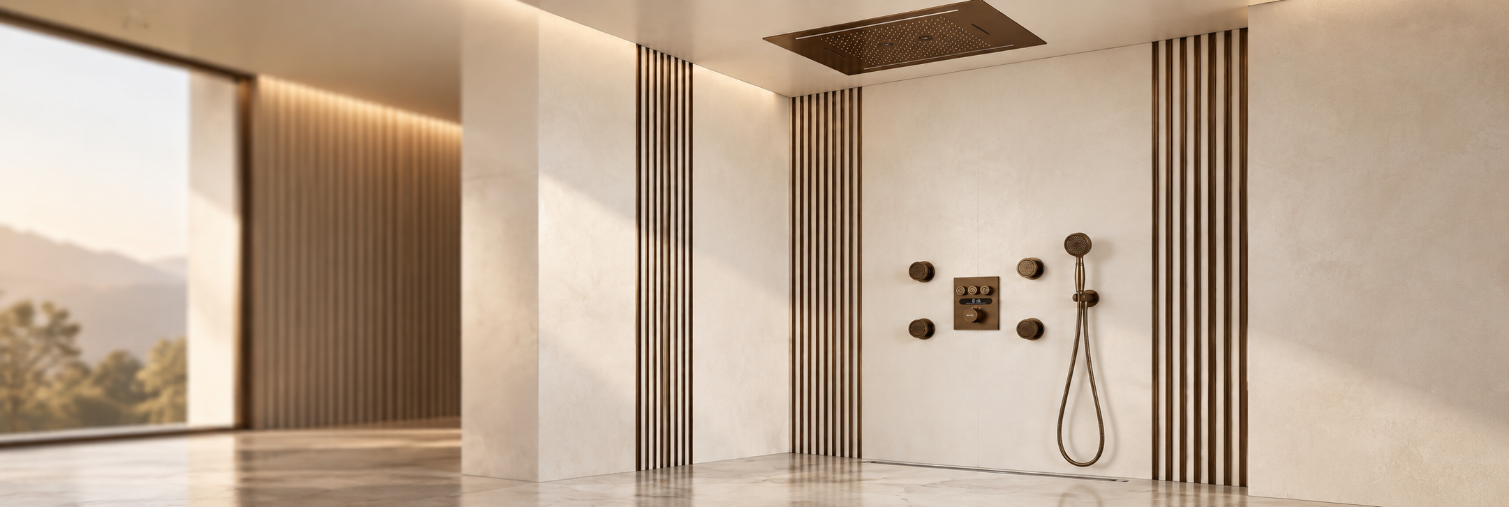 BathSelect Bronzehaven ceiling rain shower panel with four body jets for a multi-jet shower system