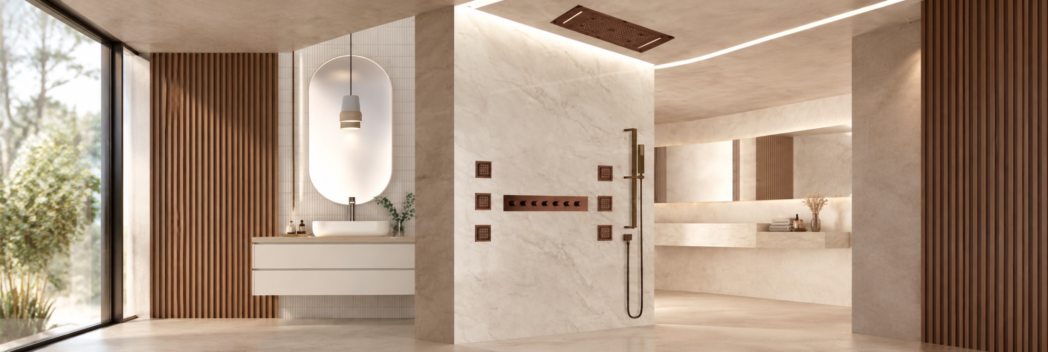 Matte black ceiling rainfall shower system with digital mixer and handheld shower